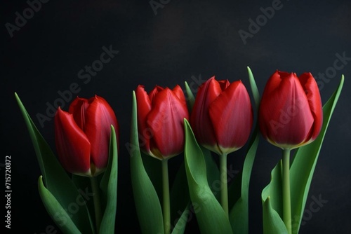 Five red tulips with green leaves. Generative AI