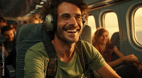 A contented train passenger wearing glasses and headphones beams with joy as he enjoys his own personal soundtrack