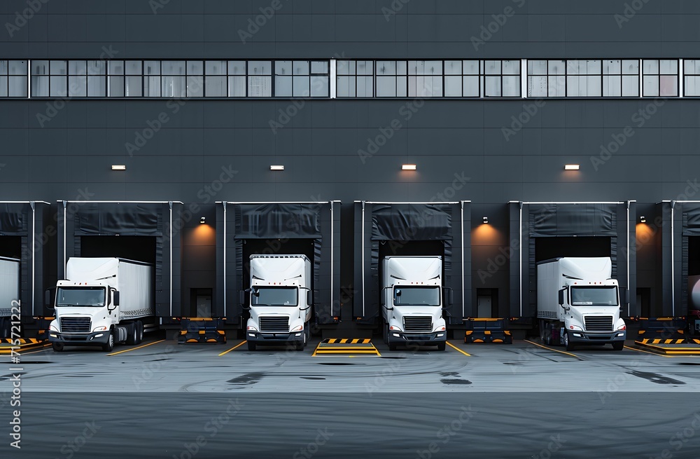 Industrial Elegance - Opaque Resin Panels Showcasing Five White Trucks and Cargo in a Warehouse Parking Lot - obrazy, fototapety, plakaty 