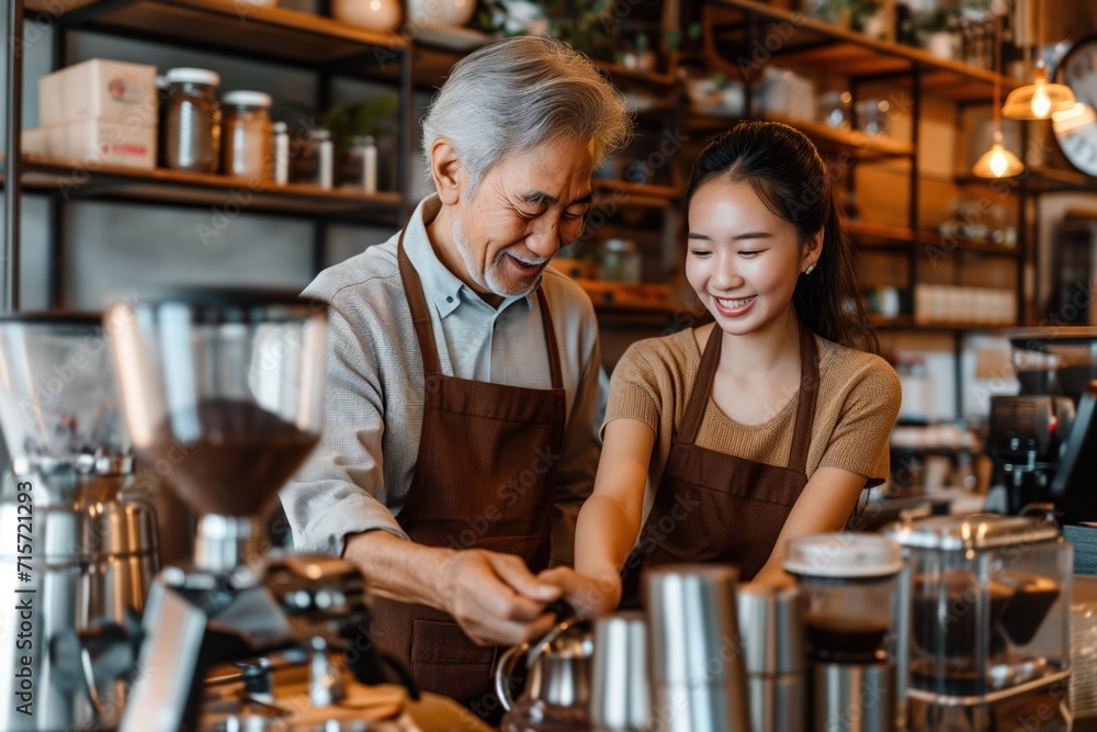 Senior Asian man mentoring a young woman in coffee shop, a narrative of experience meeting youth. Intergenerational learning captured as elderly Asian man shares knowledge with a young female barista