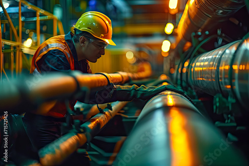Leinwand Poster Male worker inspecting steel long pipes and pipe bends in factory of the oil refining and gas industry