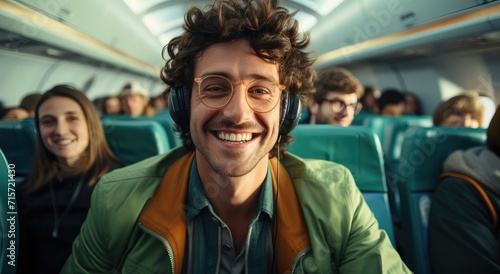 A cheerful passenger wearing glasses and headphones enjoys his train ride with a bright smile, adding a touch of modern style to the indoor setting