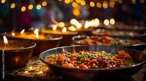 Vibrant and bustling street food market  colorful and delicious offerings under bright lighting photo