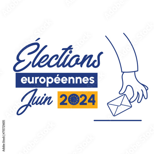Illustration pour les élections européennes de 2024 - Logo, label pour inviter à voter. Personnage qui vote - Bras, enveloppe et urne
