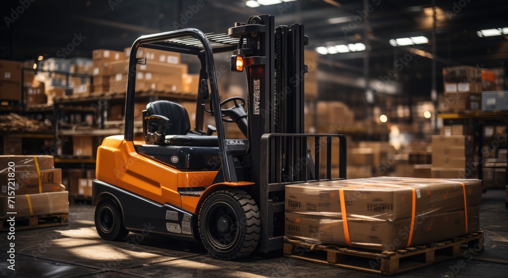 A forklift truck sits idle inside a warehouse, its tire pressed against the smooth ground as it patiently awaits its next journey through the building A forklift truck sits idle inside a warehouse, its tire pressed against the smooth ground as it patiently awaits its next journey through the building