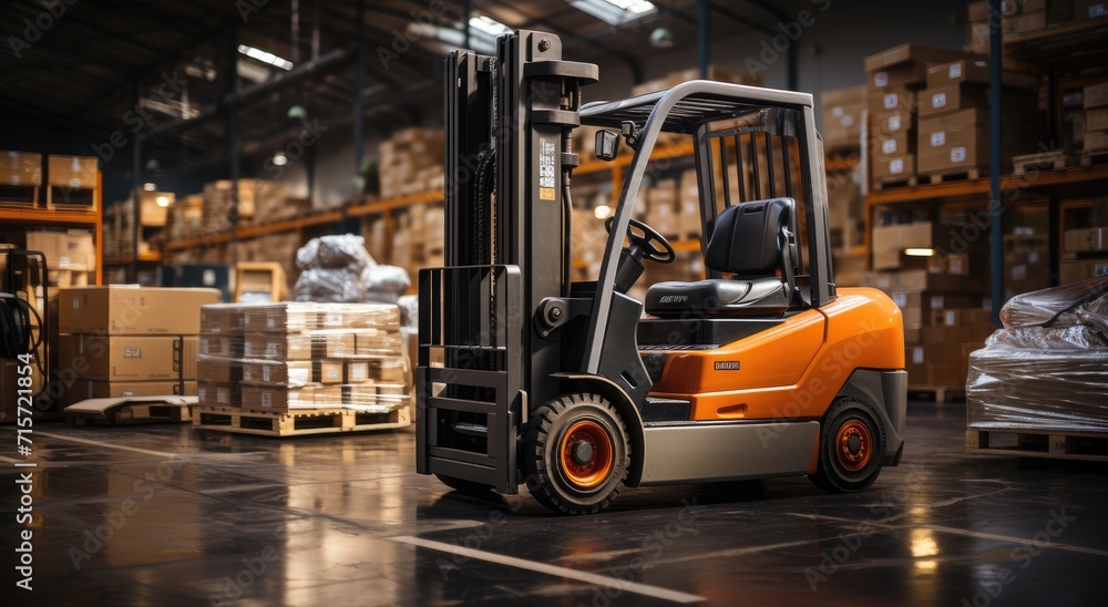 A vibrant orange forklift rests parked in the bustling warehouse, its sturdy tires ready to transport heavy loads and conquer the indoor roads of the building
