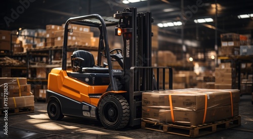 A forklift truck sits idle inside a warehouse, its tire pressed against the smooth ground as it patiently awaits its next journey through the building