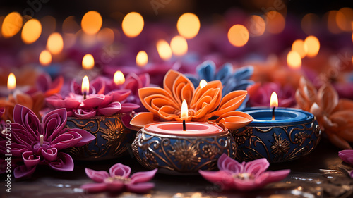 Colorful clay diya lamps with flowers on purple background, Generative AI. photo