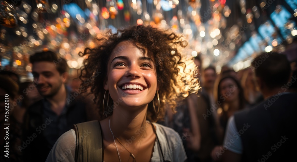 A stylish woman exudes confidence as she smiles warmly for the camera on a bustling city street, showcasing her unique sense of fashion and genuine joy