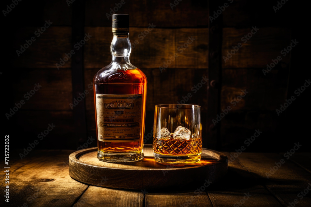 Whiskey bottle, glass and old wooden barrel, close up Whiskey bottle, glass and old wooden barrel, close up