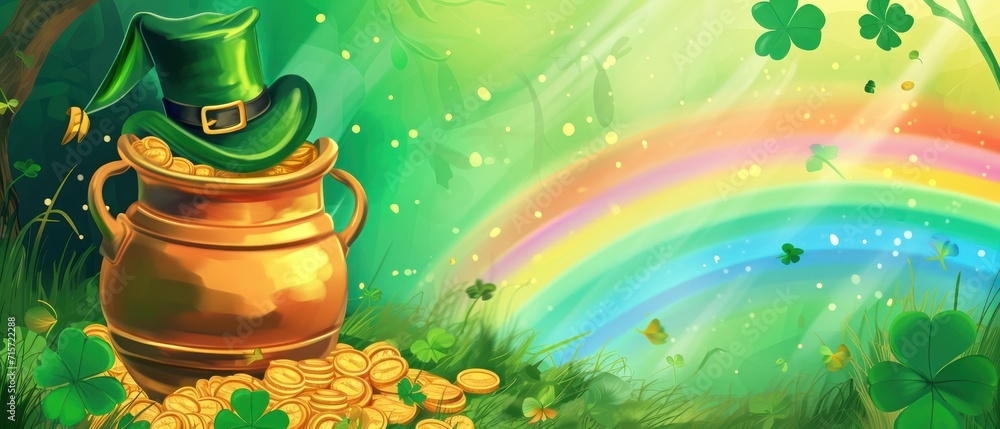 Leprechauns bounty, Pot of gold, rainbow backdrop a magical St. Patricks Day illustration, blending whimsy with the vibrant spirit of the holiday. St. Patricks Day concept.