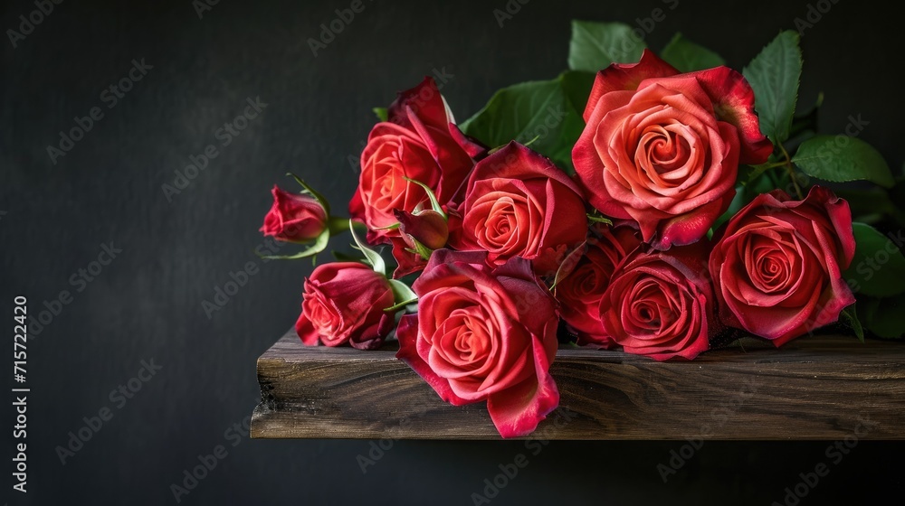 Bouquet of roses positioned on a dark wooden shelf Bouquet of roses positioned on a dark wooden shelf