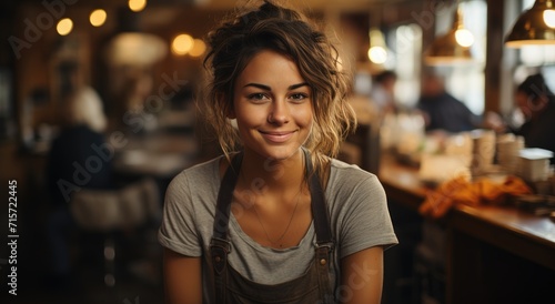 A cheerful woman poses in front of a colorful wall, radiating warmth and happiness while showcasing her unique style at an indoor restaurant