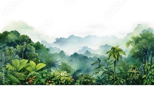 Rainforest, ecology, nature, bio-diversity background. Water color drawing of tropical rain forest. Wide format