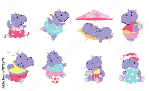 Funny hippo. Children hippos mascots, animals ballet dancing, play soccer, eating and go to sleep. Cute animal characters for stickers, nowaday vector set