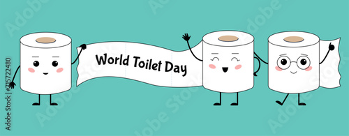 World toilet day banner. Cute emotional paper rolls, festive november 19 holiday. Hygiene positive emotions characters, decent vector poster