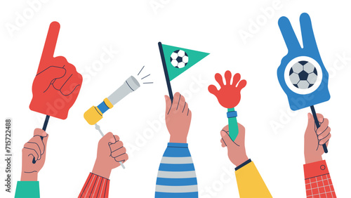 Footballs fans hand. Foam finger, flag and trumpet. Isolated soccer championship objects. Fan support sport team on competition, decent vector banner