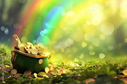 Leprechauns bounty, Pot of gold, rainbow backdrop a magical St. Patricks Day illustration, blending whimsy with the vibrant spirit of the holiday. St. Patricks Day concept.