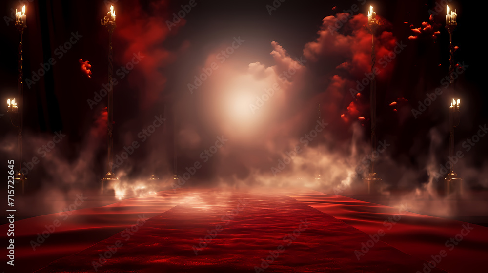 Fototapeta premium Red carpet on the stairs on dark background, the way to glory, victory and success