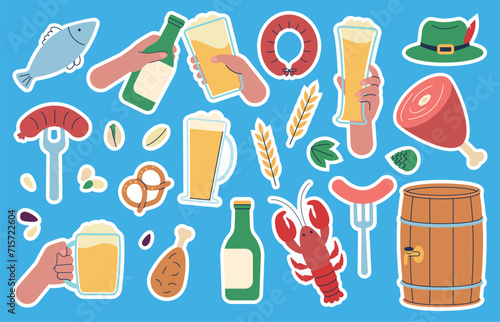 Oktoberfest stickers. Beer party badges, traditional german fest elements. Craft drinks, brewery and tasty food. Weekend meeting, decent vector set