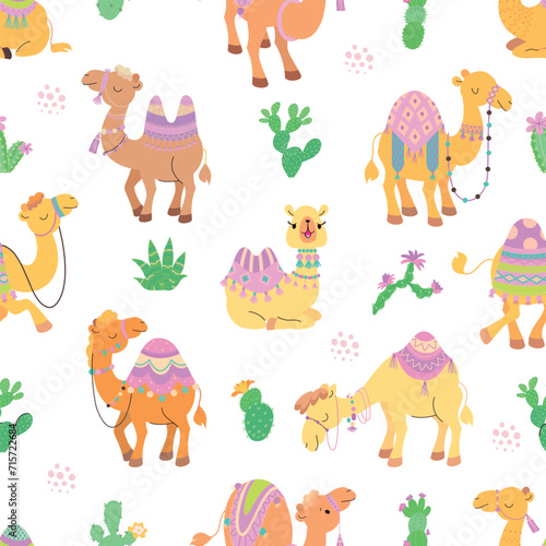 Camel seamless pattern. Cartoon camels fabric print, cute arabian style animals. Decorative design for children with funny characters, nowaday vector background
