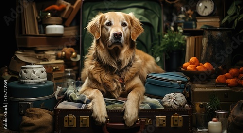 A loyal furry companion eagerly awaits its owner's return, nestled on top of a suitcase in an indoor setting, showcasing the bond between dog and human