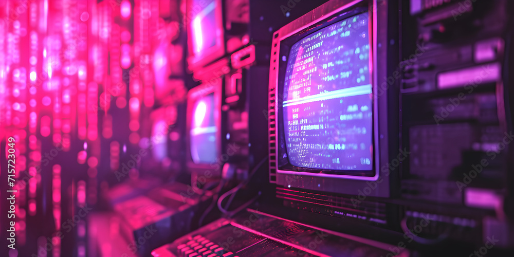 Vintage computer screen displaying 80s retro wave style background with