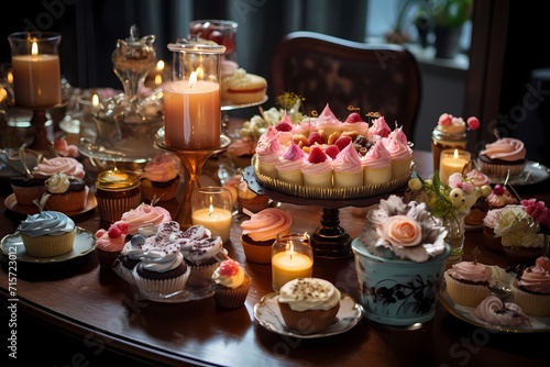 A table filled with a variety of delicious birthday desserts, from cakes to cookies and cupcakes, a sweet delight. © LOVE ALLAH LOVE