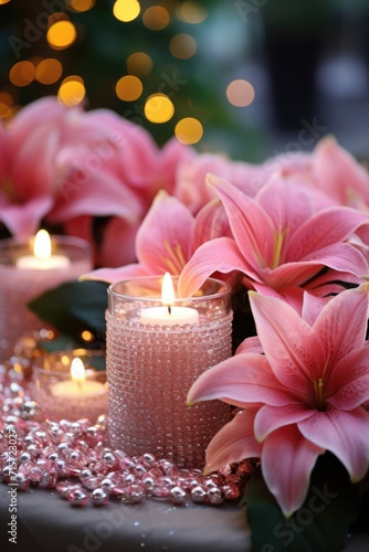 Festive Poinsettia Display  Pink Poinsettias with Green Foliage and Silver Beads - Valentine s Day Concept