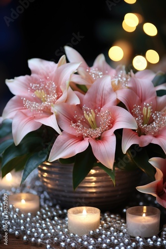 Festive Poinsettia Display: Pink Poinsettias with Green Foliage and Silver Beads - Valentine's Day Concept