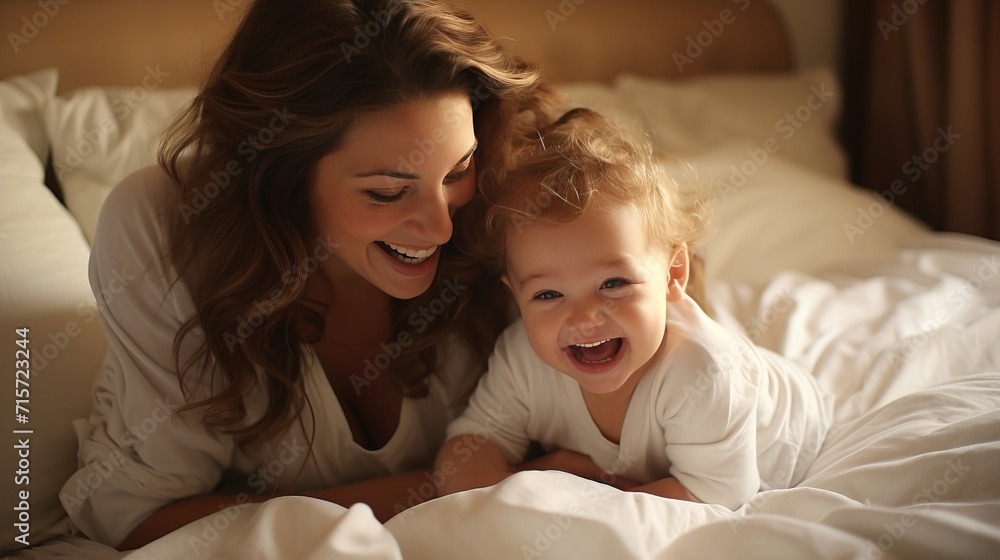 Joyful mother and baby in heartwarming portrait, family happiness and bonding concept