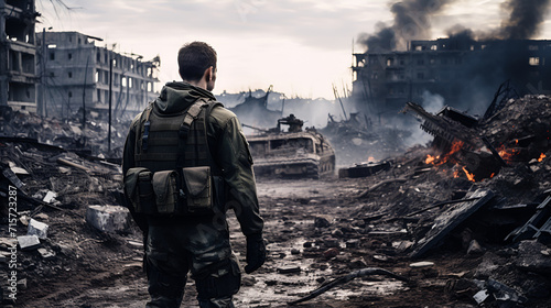The military man stands on the street in the middle of a destroyed city. There are ruins all around, walls of houses, burning and smoking military equipment and tanks. The concept of modern war photo