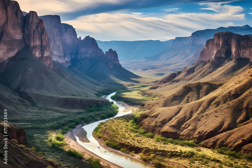 A panoramic shot of the majestic Big Bend National Park, with rugged canyons and towering cliffs carved by the Rio Grande.