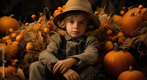 A young trick-or-treater, dressed in a pumpkin costume and wearing a straw hat, sits among gourds and squash, adding a touch of autumn to their indoor halloween celebration