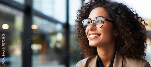 Cheerful businesswoman in glasses looking at job opportunities ad with copy space photo