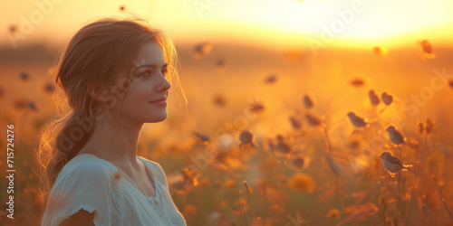 young beautiful woman enjoying magic hour sunset  photo