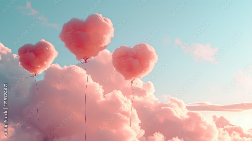 Whimsical Heart Clouds: Fluffy Shapes in Light Blue Sky - Valentine's Day Concept