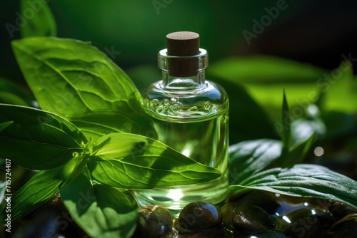 Closeup Herbal Essence with Aroma and Natural Essential Oil Dropping from Fresh Leaf into Bottle.