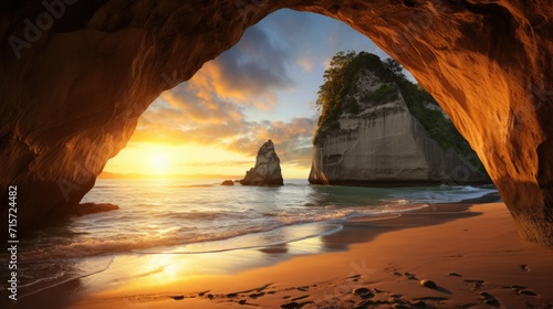 Cathedral Cove at Sunrise: Stunning New Zealand Bay with Coastal Rocks and Beach photo