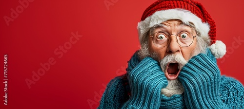 Startled santa claus with copy space on vibrant red background for text placement