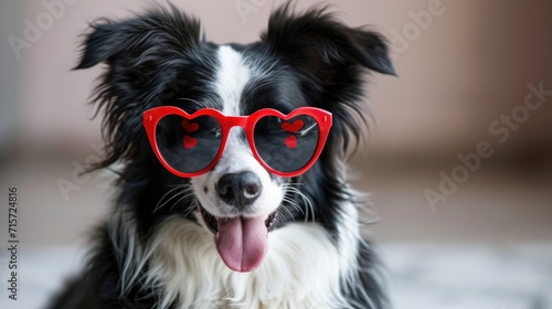 Fashionable Border Collie in Heart-Shaped Sunglasses: Carefree Vibes on Light Backdrop - Valentine's Day Concept
