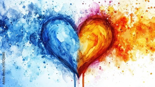 Merging Watercolor Heart: Cool Blue to Warm Orange Transition - Valentine's Day Concept