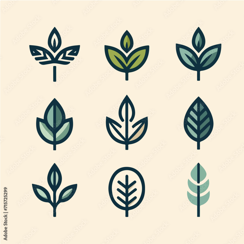 vector logo collection of leaves with elegant shapes and calm colors. flat cartoon design that is simple and minimalist
