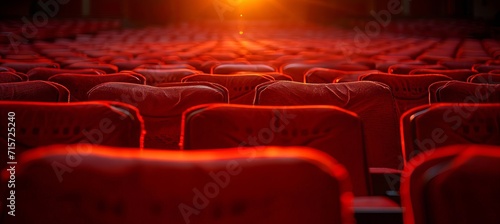 Close up of rows of empty red velvet theater chairs in a dimly lit auditorium setting