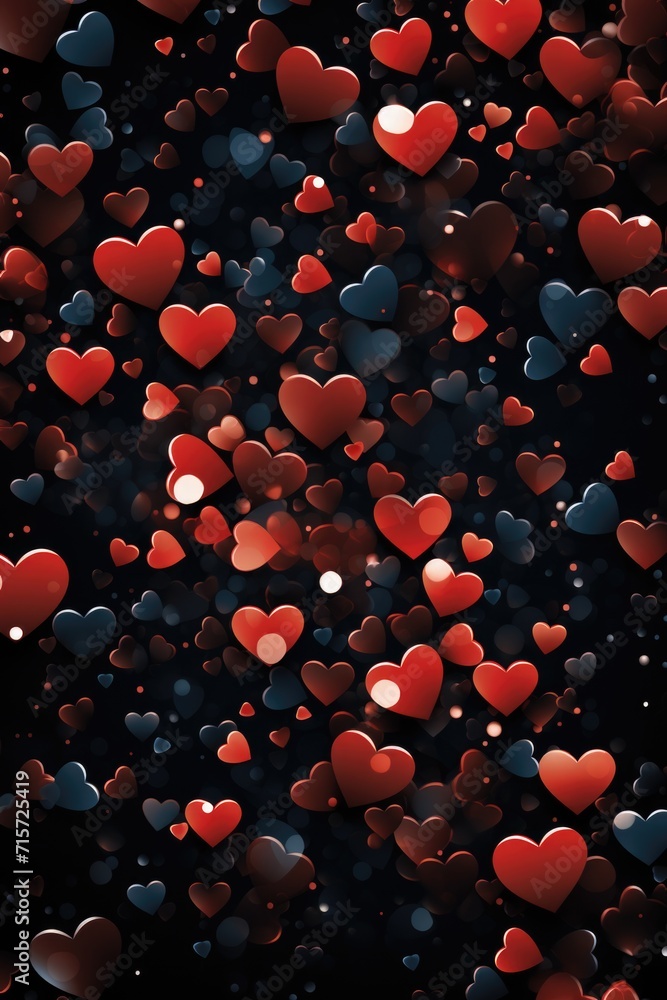 Red Hearts Overflow on Dark Canvas: Three-Dimensional Array on Black Background - Valentine's Day Concept