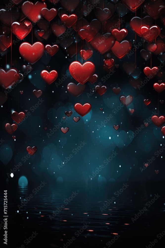 Red Hearts Overflow on Dark Canvas: Three-Dimensional Array on Black Background - Valentine's Day Concept Red Hearts Overflow on Dark Canvas: Three-Dimensional Array on Black Background - Valentine's Day Concept