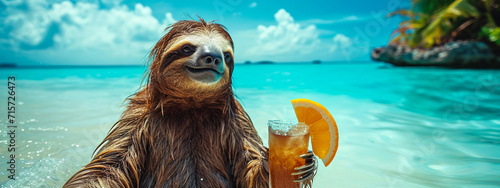 sloth with a cocktail on the beach. photo