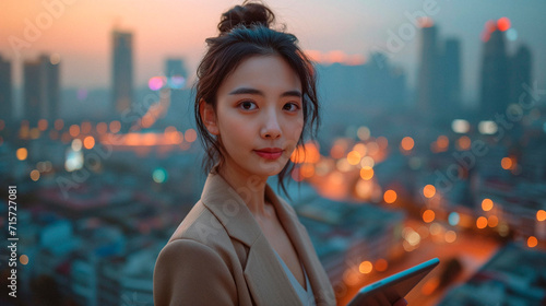 Portrait of a Japanese businesswoman with a tablet and a city at dusk in the background photo