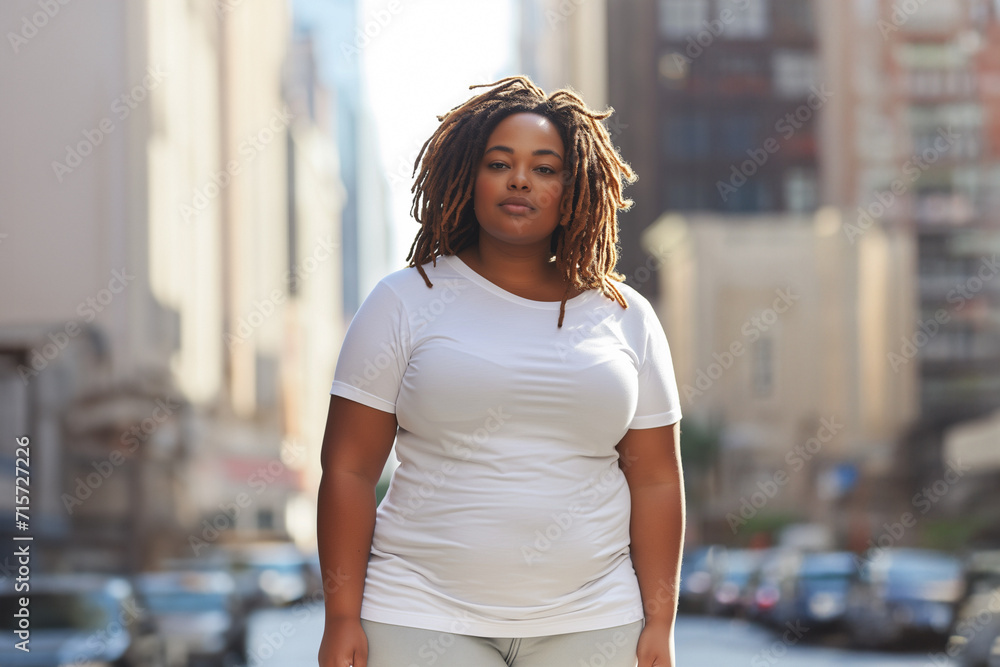 Plus-sized African American woman model with dreadlocks - white t-shirt mockup - blurred urban city background