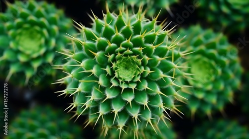 Top view of green cactus tree. Desert plant. Cacti succulent plants. Green cactus in garden. Sharp golden thorn on cactus plant. Stem succulent with spines. Round shape cactus for decoration garden. photo